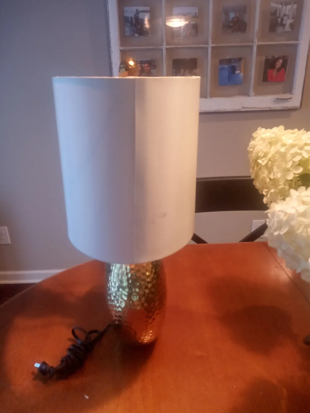 Hammered Gold Globe Table Lamp with White Drum Shade